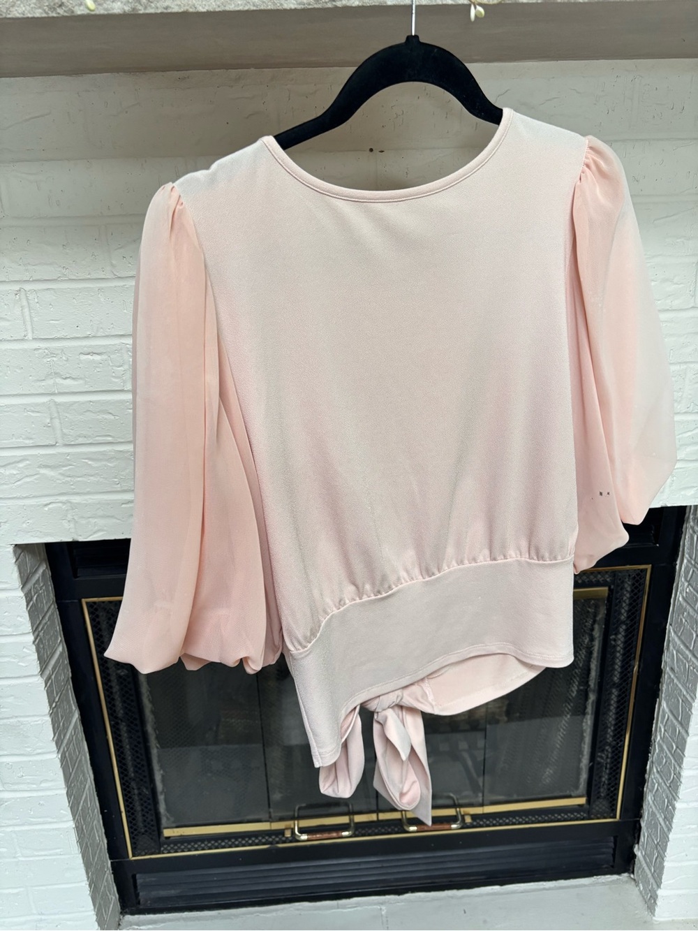 Light Pink Tie-Front Puff Sleeve Blouse